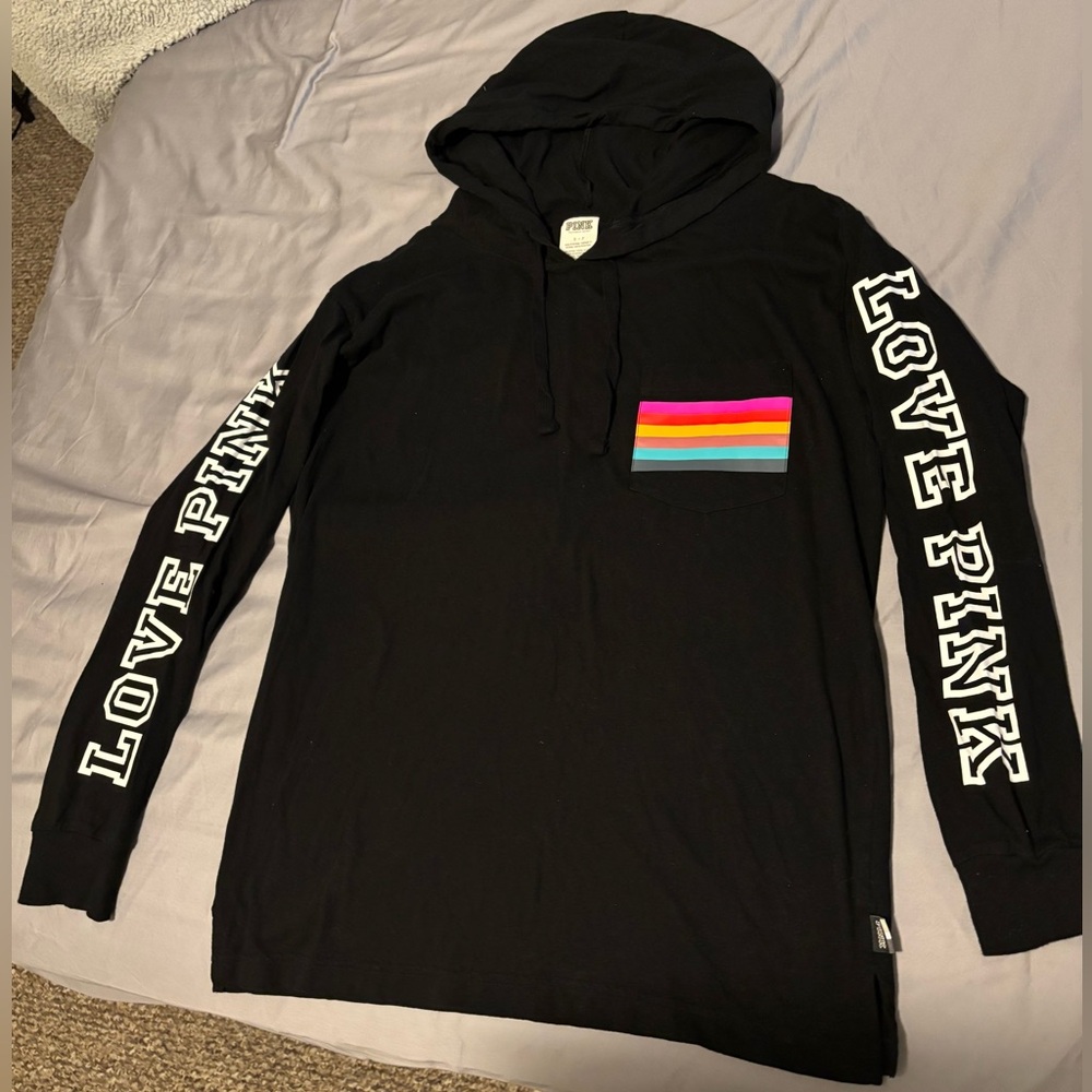 Victoria’s Secret VS PINK Striped Pocket Logo Hoodie Oversized Size S NWOT